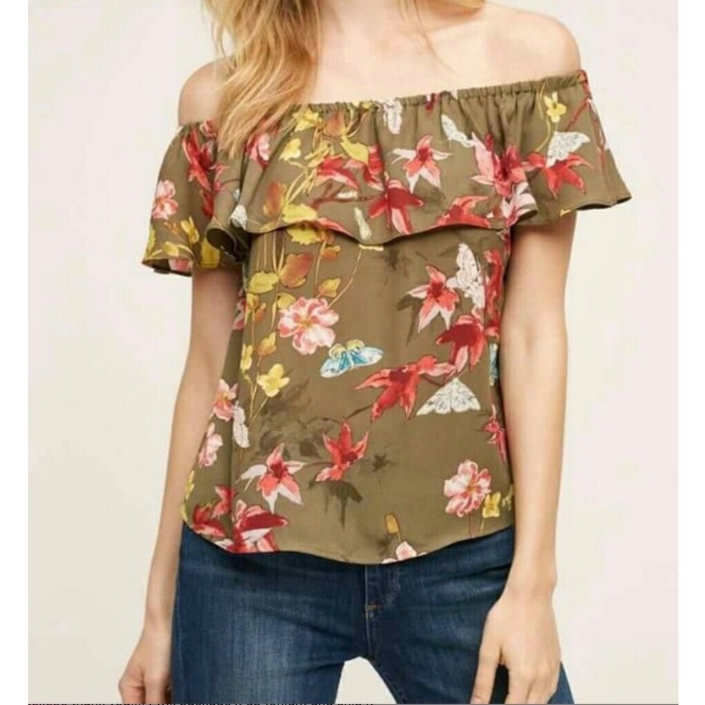 Maeve Anthropologie Olive Floral Butterfly Off The Shoulder Ruffle Blouse Small‎